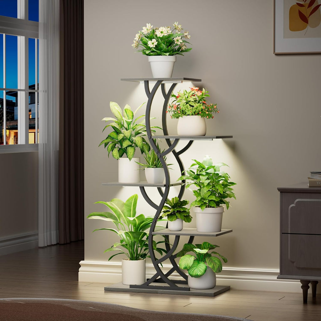Plant Stand Indoor with Grow Lights - 5 Tiered Corner Plant Shelves (Gray) | 44" Tall Metal Plant Shelf, S-Shape
