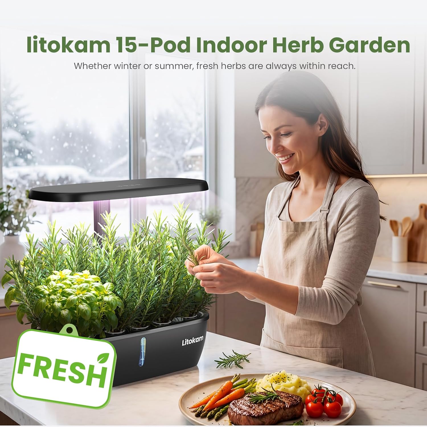 litokam Hydroponics Growing System Kit, 15 Pods Indoor Herb Garden with Smart APP & Quiet Pump, 24W LED Light, Auto