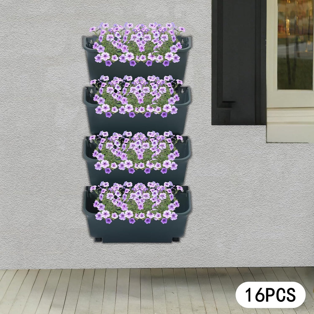 Vertical Wall Planter with 16 Pots, Hanging Garden Plant Flowerpot Holder, Stackable Wall-Mounted Planter, Balcony
