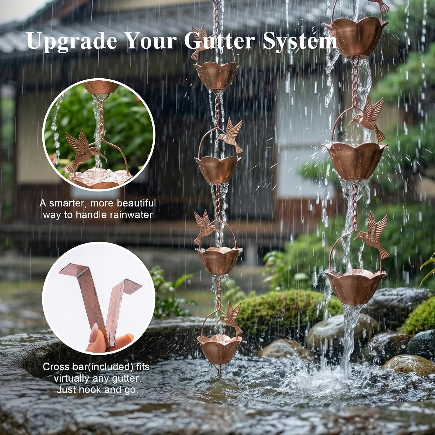 8.5FT Hummingbird Lotus Rain Chain for Gutters, Metal Rain Chain | 12 Cups, Adjustable Rain Catcher Chain with Bell for