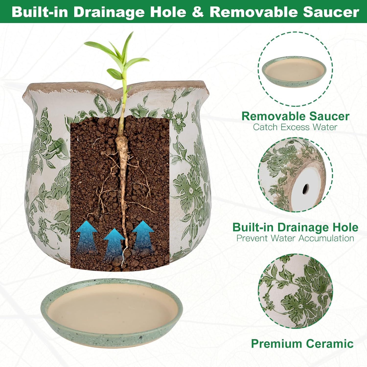Ceramic-Planters-for-Indoor-Plants with Saucer, 6 inch Vintage Ice Crack Glaze Plant Pots with Drainage Holes