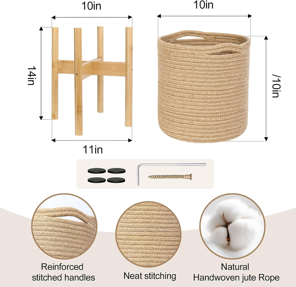Plant Basket with Stand, Indoor Round Wicker Basket Plant with Bamboo Wood Stand, Decorative Woven Rope Flower Indoor