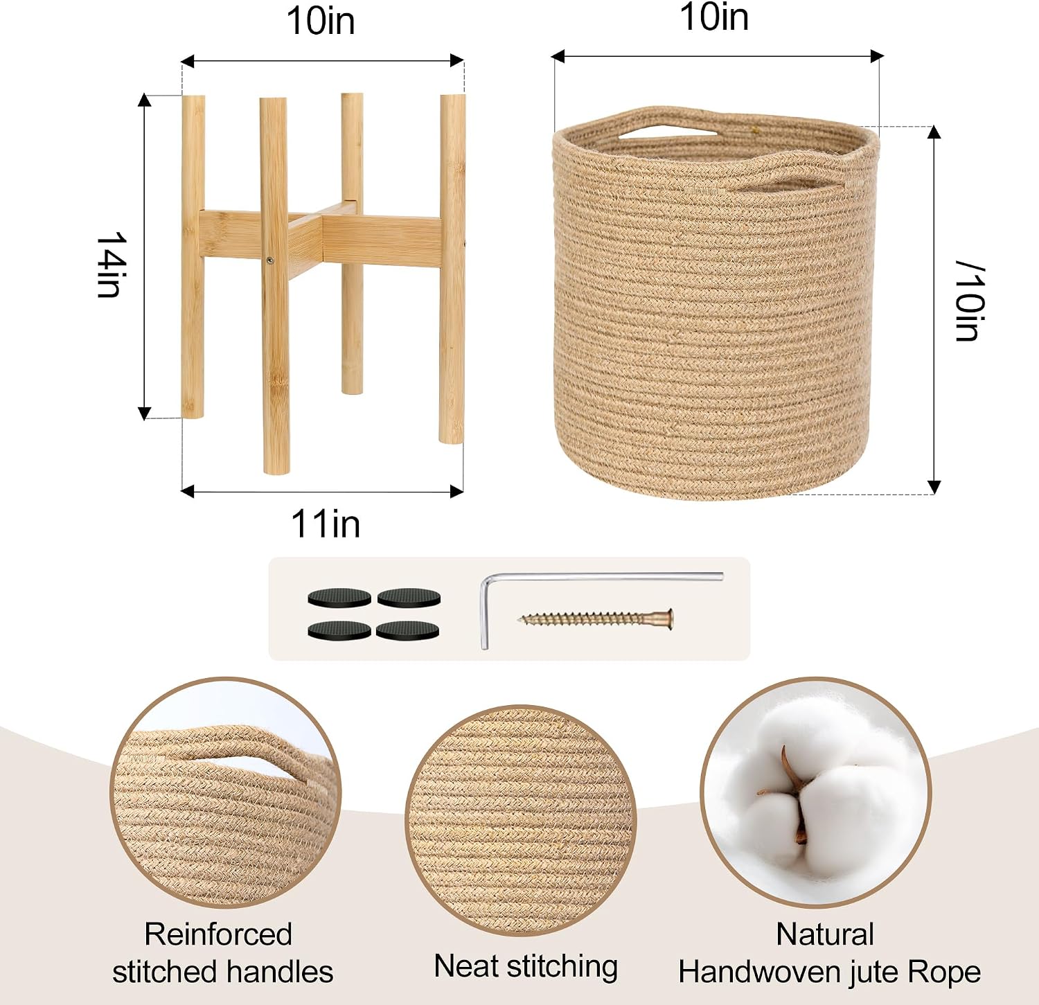 Plant Basket with Stand, Indoor Round Wicker Basket Plant with Bamboo Wood Stand, Decorative Woven Rope Flower Indoor