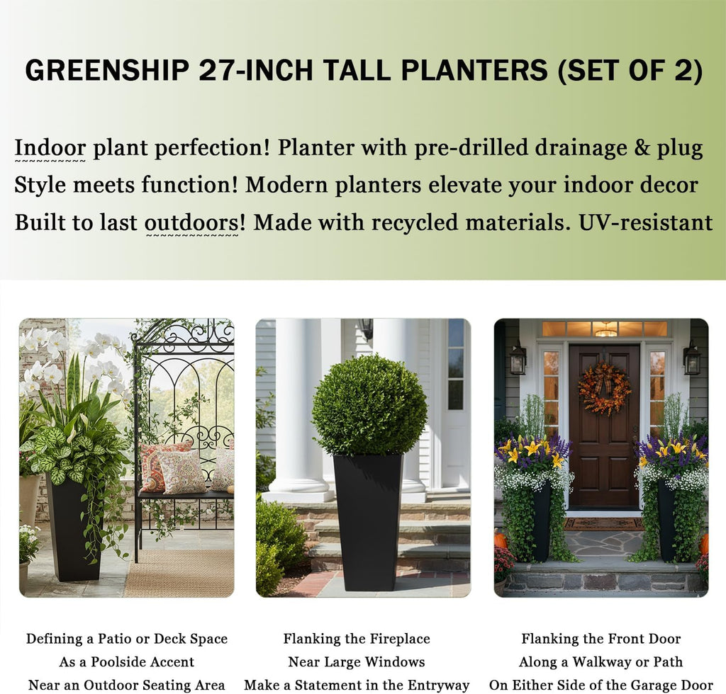 GreenShip 27 Inch Tall Planters Set of 2, Large Flower Pots with Drainage & Inner Shelf, Modern Decorative Garden