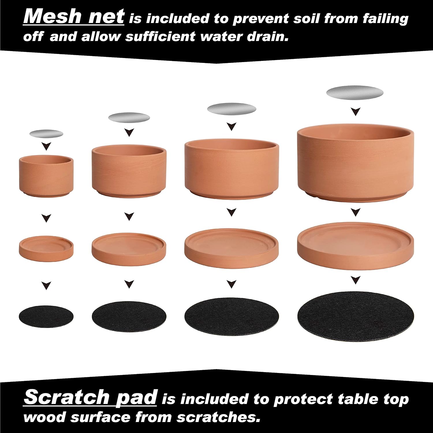 D'vine Dev Set of 4 Terracotta Shallow Planter Pots for Succulent, 3 Inch 4 Inch 5 Inch 6 Inch, Small Flower Plant Pots