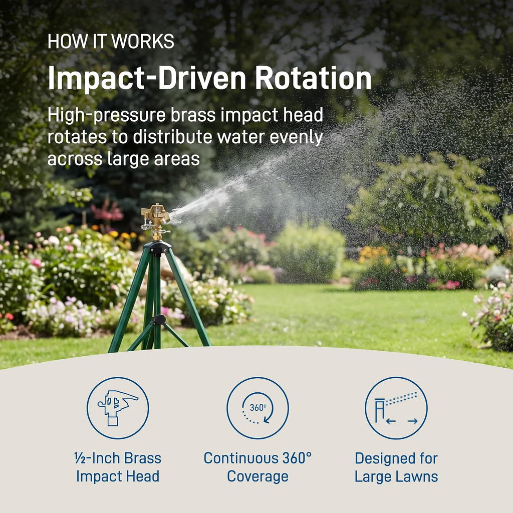 Orbit 1/2 Inch Brass Impact Sprinkler - Adjustable Metal Tripod - Long Range Lawn Watering System - 360 Degree Rotating