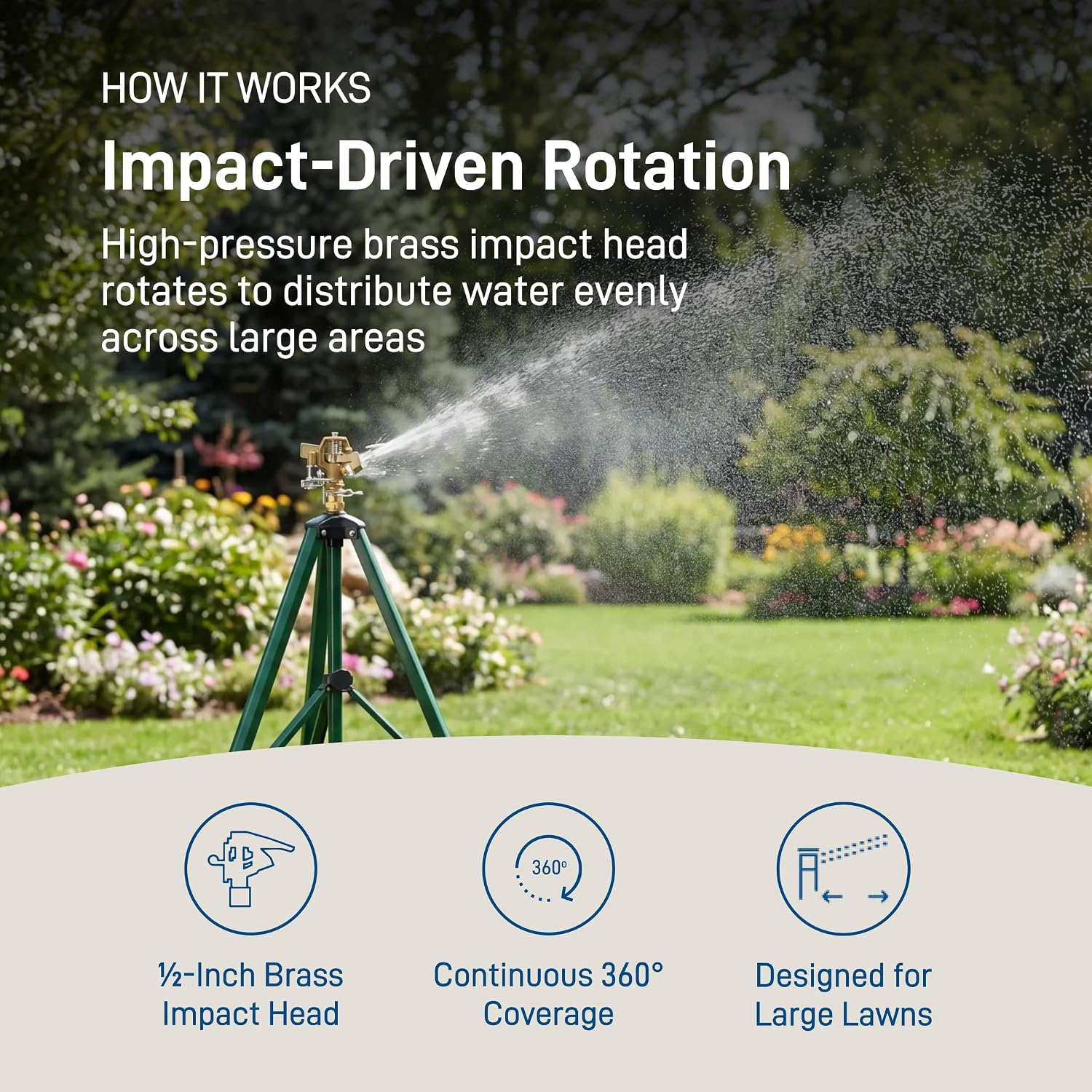 Orbit 1/2 Inch Brass Impact Sprinkler - Adjustable Metal Tripod - Long Range Lawn Watering System - 360 Degree Rotating
