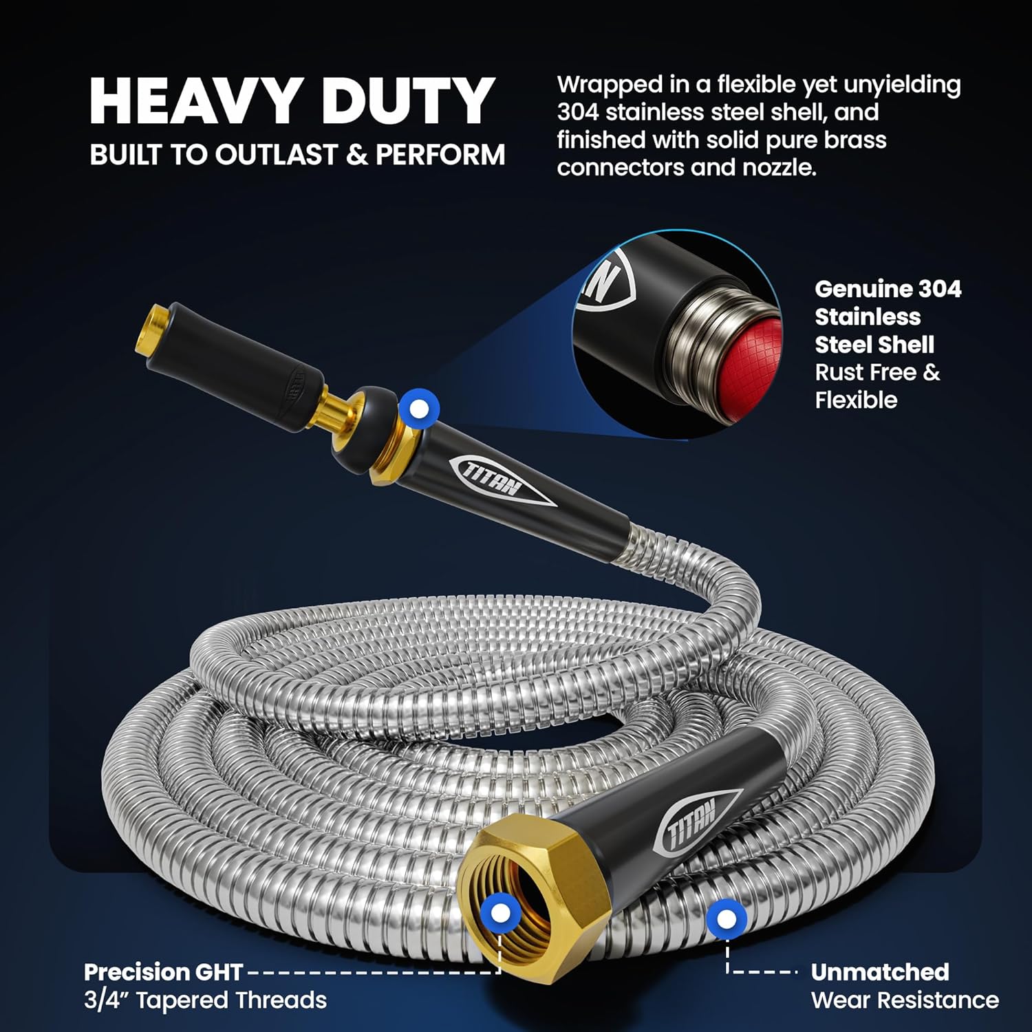 TITAN Garden Hose 50FT - 304 Stainless Steel Metal Water Hose, Flexible, Kink-Free, Lightweight, Durable, Crush