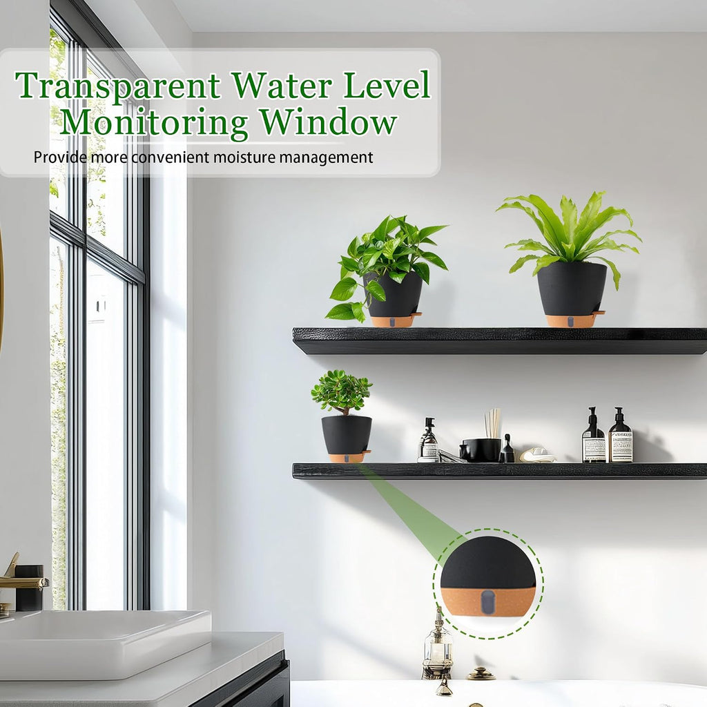 Self Watering Pots for Inoor Ourdoor Plants 8/7/6.5/6/5" Plastic Planters | Drainage Holes & Water Level Indicator
