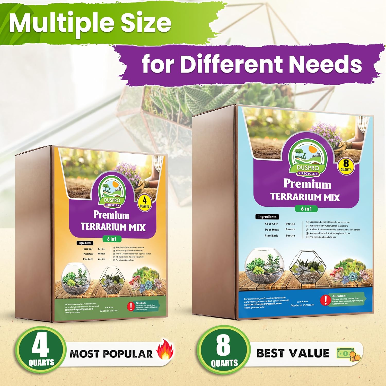 6-in-1 Terrarium Soil Mix, Pre-Mixed & Ready to Use, 8QT | Terrarium Substrate Mix with Coco Coir, Peat Moss, Pine