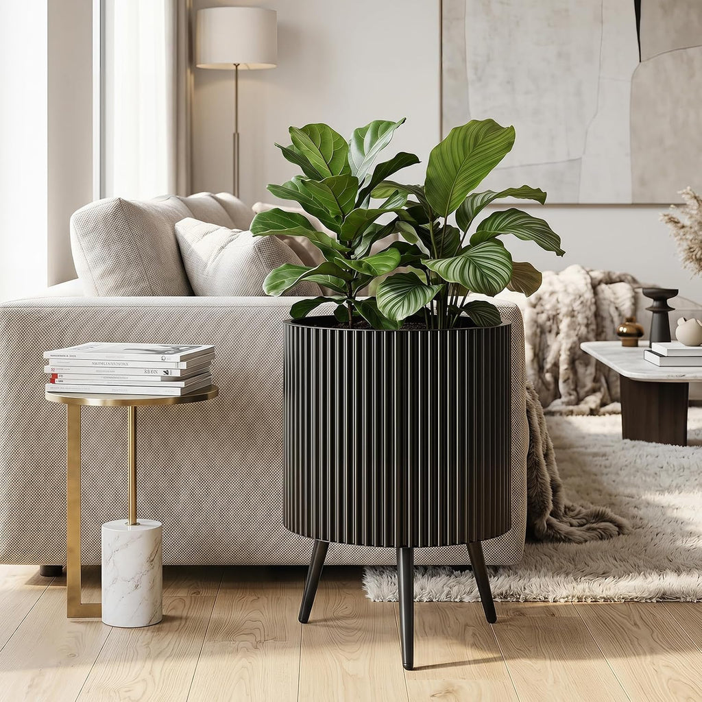 GIANTEX 16 Inch Plant Pot with Stand, Mid-Century Modern Fluted Planter | Built-in Drainage Holes, Tapered Legs, Metal