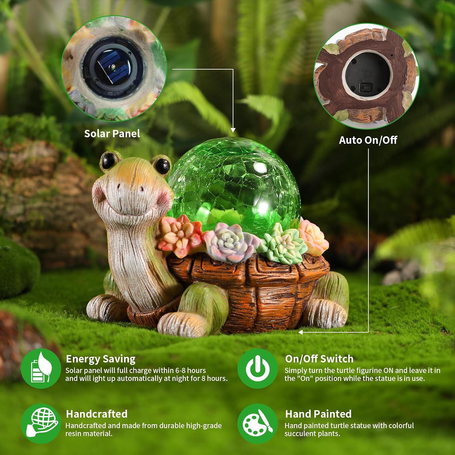 Solar Turtle Garden Statue Lights for Outdoor Decor with Succulent and LED Lighting - Lawn Decoration Resin Tortoise