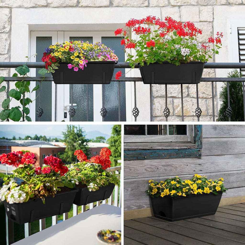 ETELI Railing Planter Hanging Planter Box with Brackets Set 6, Black | Adjustable with Drainage Holes for Deck Garden