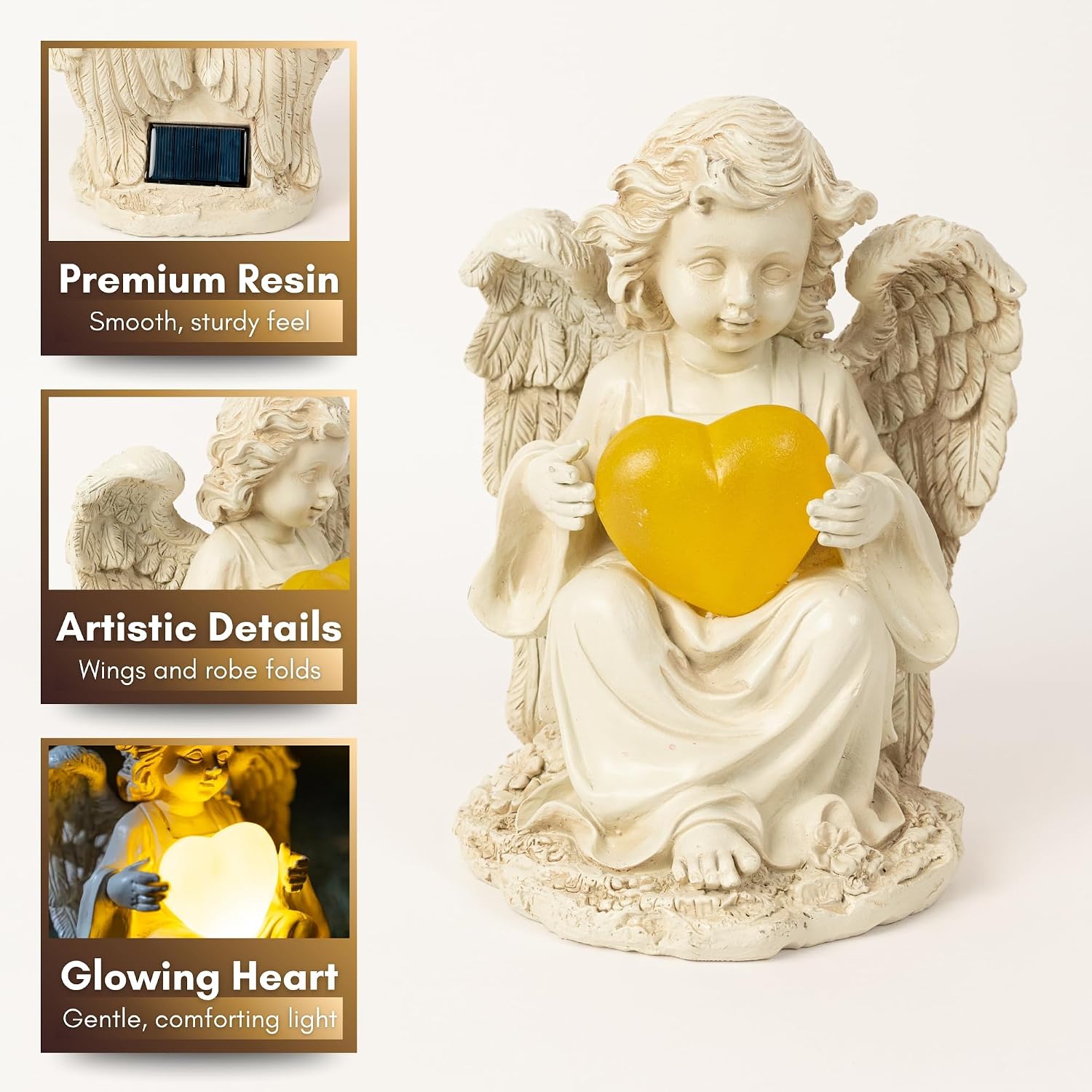 Solar Angel Garden Statue, 8" Guardian Memorial Outdoor Light | Glowing Lighted Heart, Bright Every Night, Weatherproof