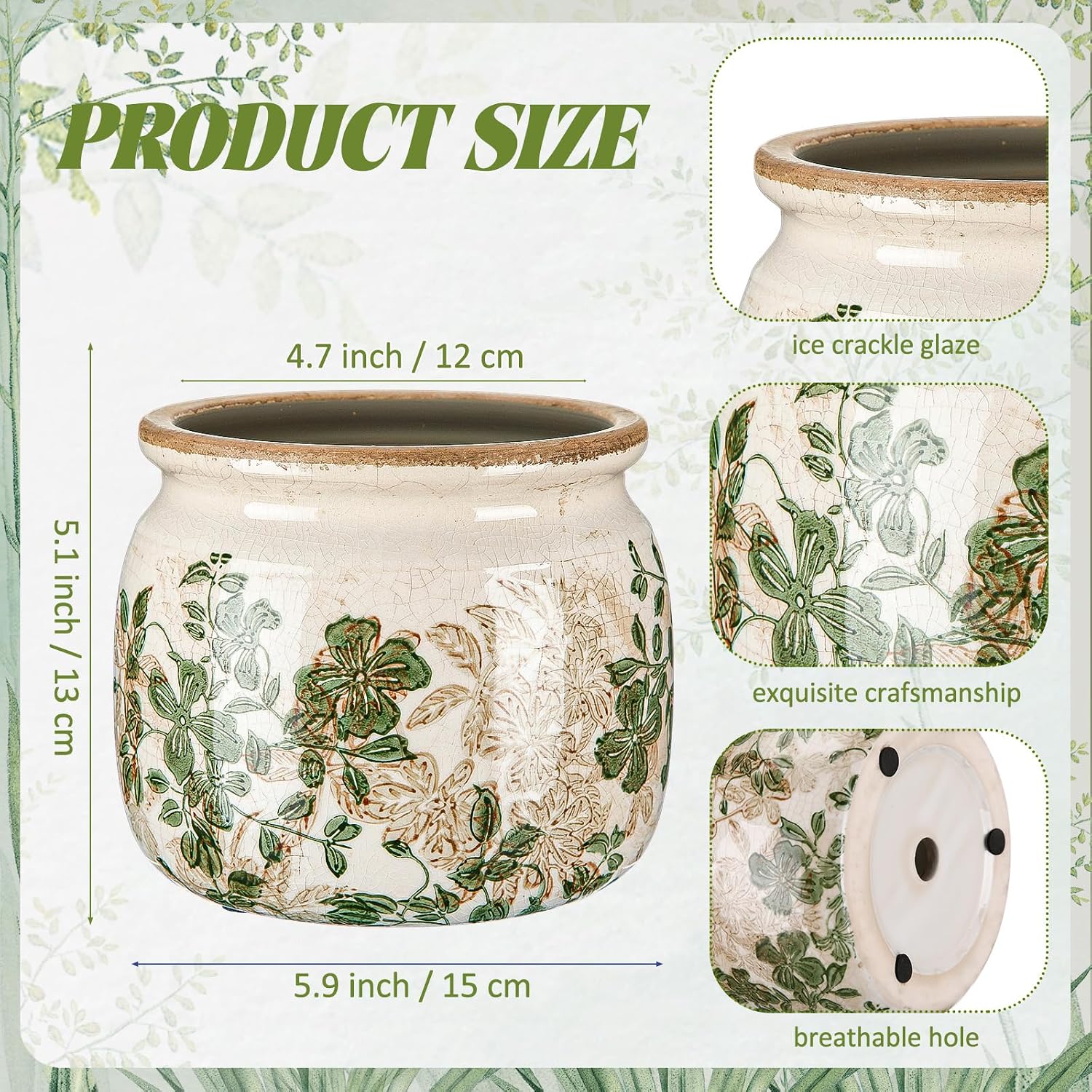 Vintage Planter Large Ceramic Plants Pot Beige Green Leaves Pot