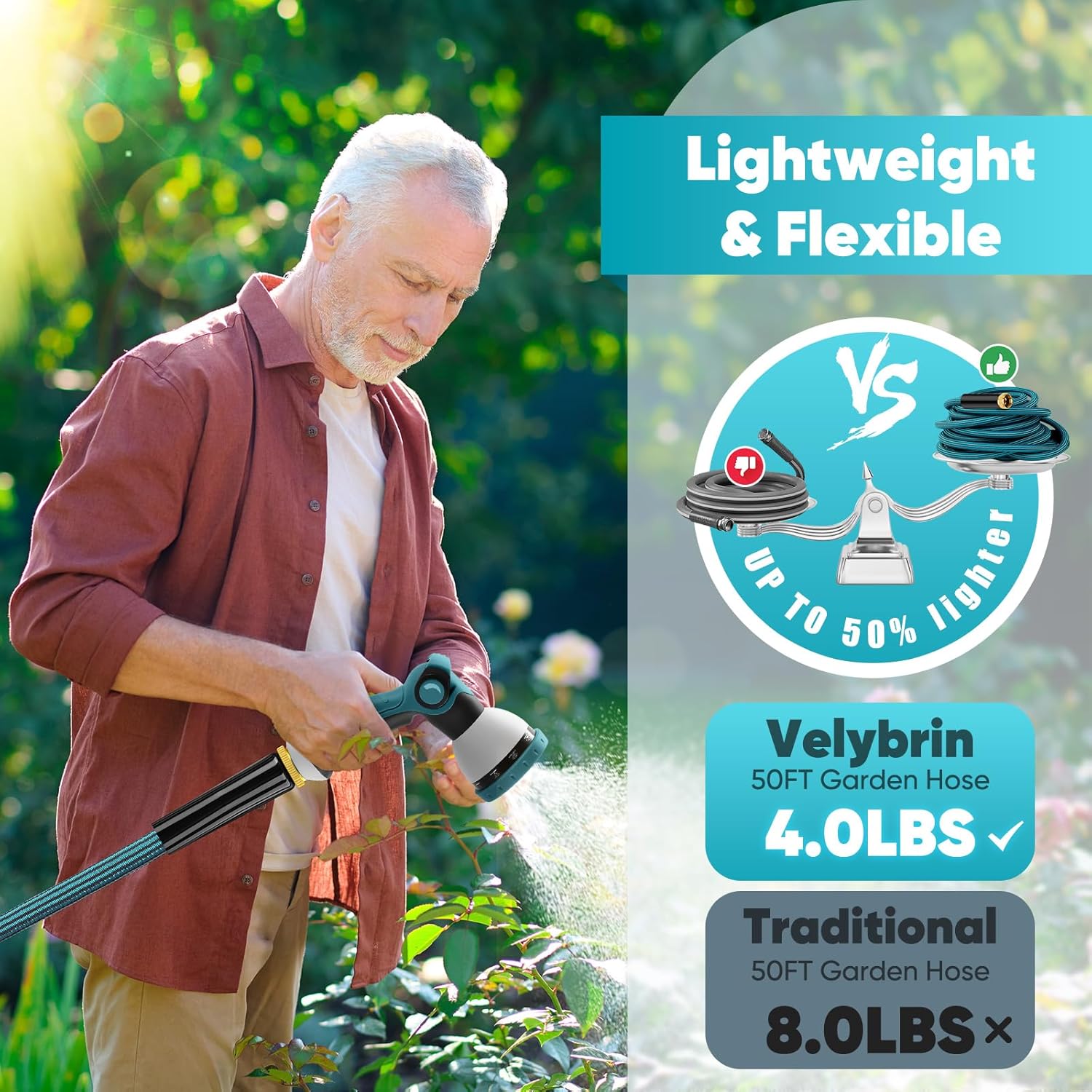 Garden Hose 50FT, Non-Expanding Water Hose Ultra Lightweight With Nozzle | Kink-Free, Sturdy, Leak-Proof, Flexible