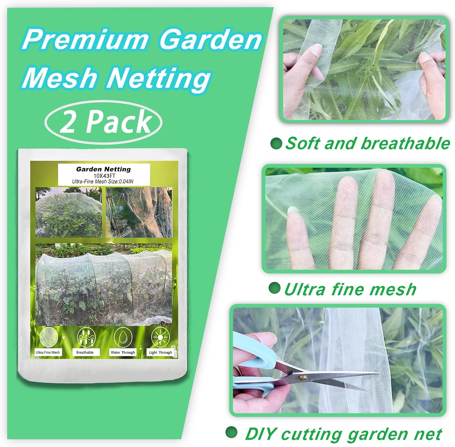 2 Pack 10X43FT Garden Netting for Raised Beds, Ultra Fine Insect Netting for Vegetable Flowers Fruits Greenhouse Crops