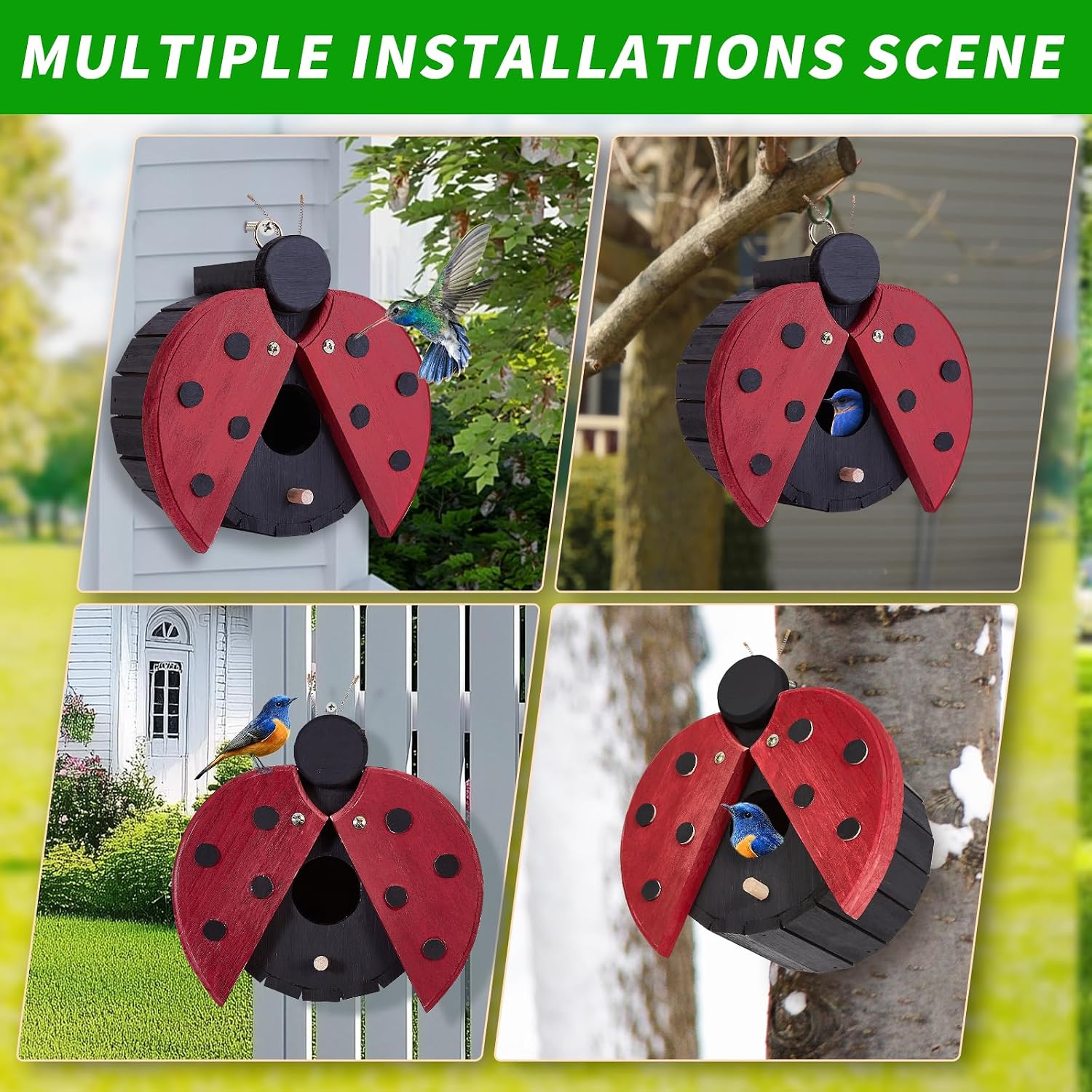 Bird Houses for Outside - Wooden Hanging Bird House - Ladybug-Shaped Birdhouse for Finches, Wrens, Cardinals - Outdoors