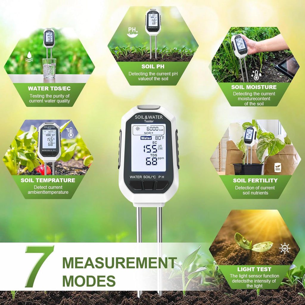 Moisture Meter for Plants, 7-in-1 Digital Soil Tester Kit with Backlit LCD - Measures pH, EC, TDS, Fertility, Temp