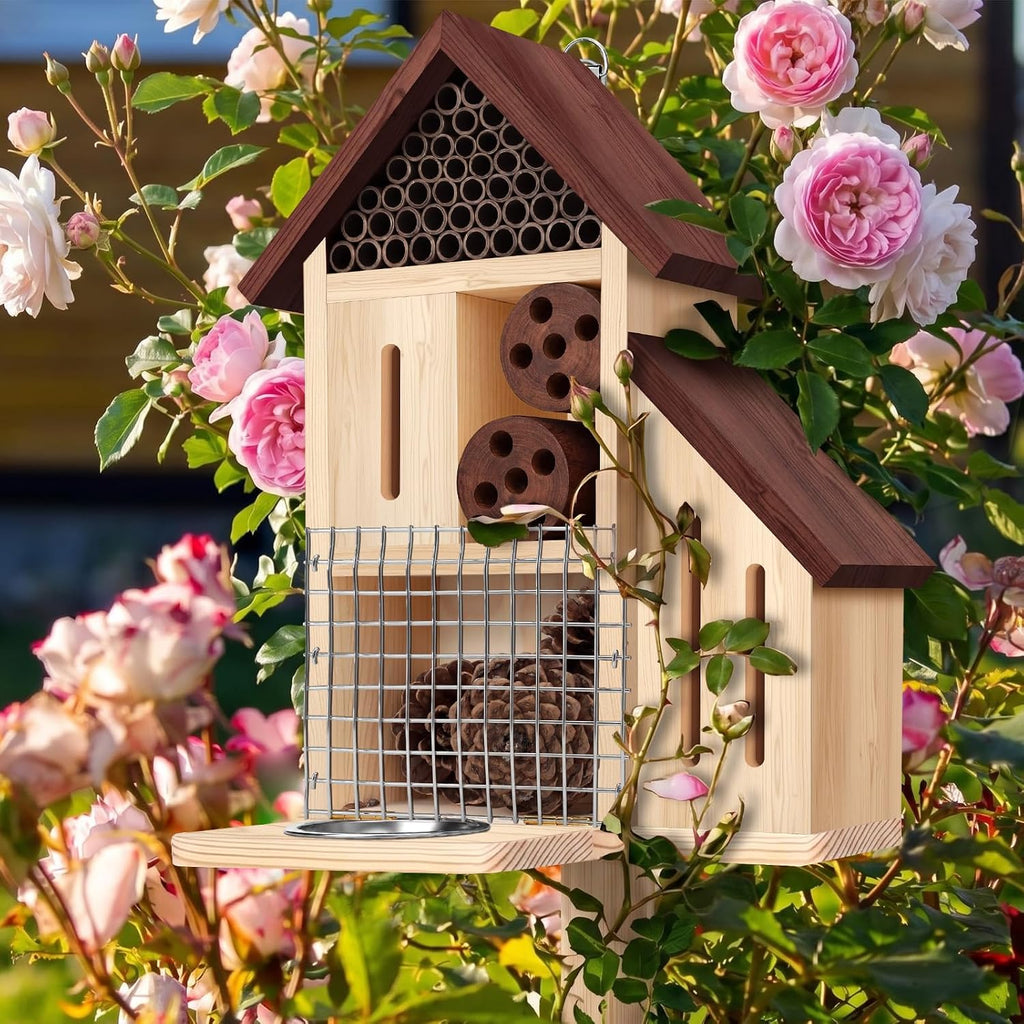 Wooden Insect Hotel Bee Ladybugs Butterfly House Large Natural Mason Bee Lady Bug Hotel with Stake and Feeder for