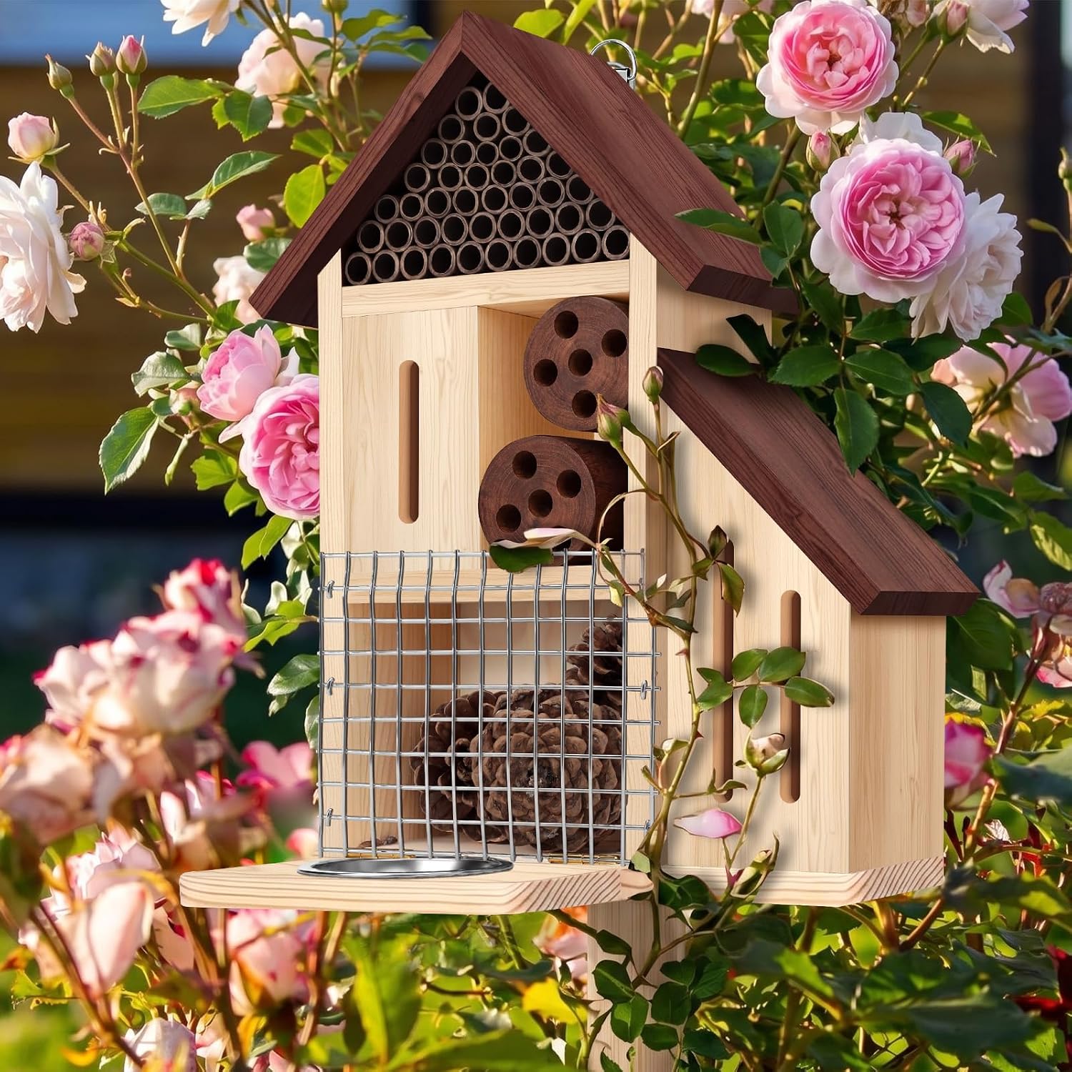 Wooden Insect Hotel Bee Ladybugs Butterfly House Large Natural Mason Bee Lady Bug Hotel with Stake and Feeder for