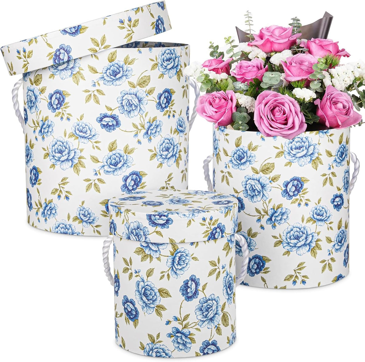 Hollyone White and Blue Gift Box with Lids Set of 3 Round Nesting Gift Boxes for Presents 3 Assorted Sizes Flowers Arrangements Garden Box for Gift Giving Thanksgiving Mom Gifts Present Wrapping