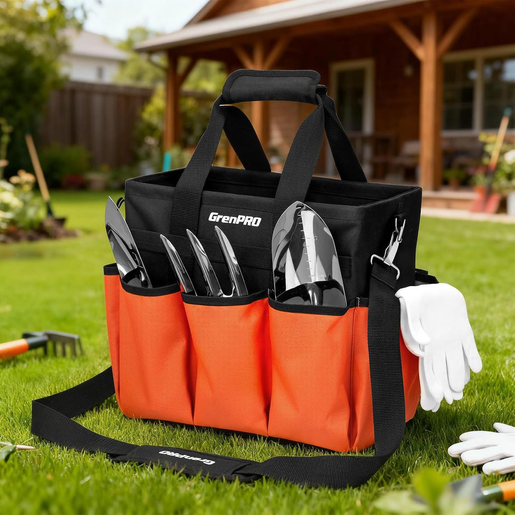 GRENPRO Garden Tool Bag, 10 Pockets, Adjustable Shoulder Strap, Orange | Heavy-duty gardening organizer tote stands