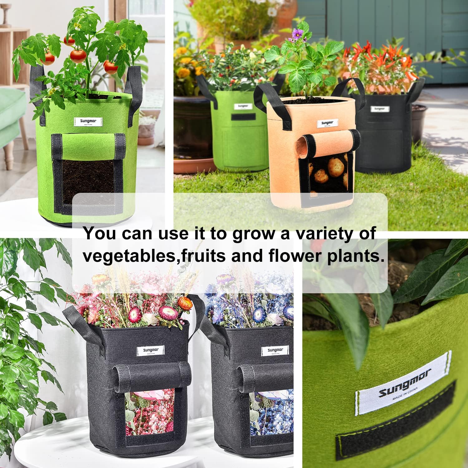 Sungmor 3PC Large Fabric Pots, 10 Gallon Non Woven Planters | Patio Garden Bags Cloth Pots, Heavy Duty Thick Planters
