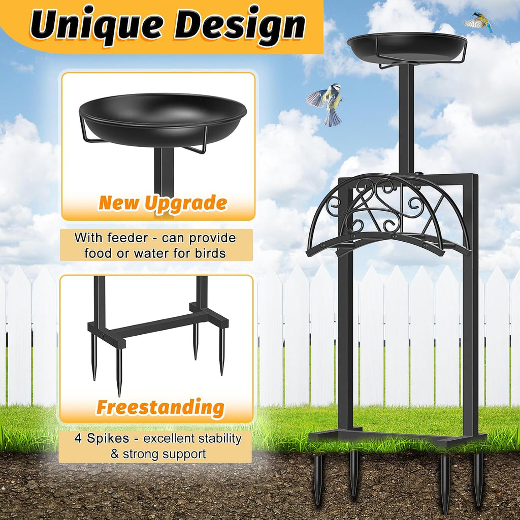 Garden Hose Holder Hanger Freestanding, Upgraded 4 Spikes Heavy Duty Storage Reel Stand with Bird Feeder Bowl, Holds