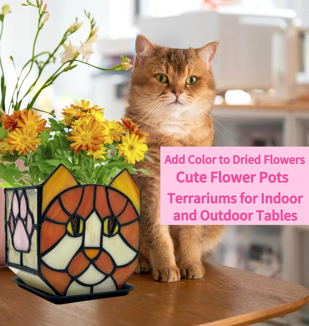 Stained Glass Orange Cat Planter,Indoor Flower Pots with Drainage,Cute Succulent Planter,Unique Orange Cat Flower