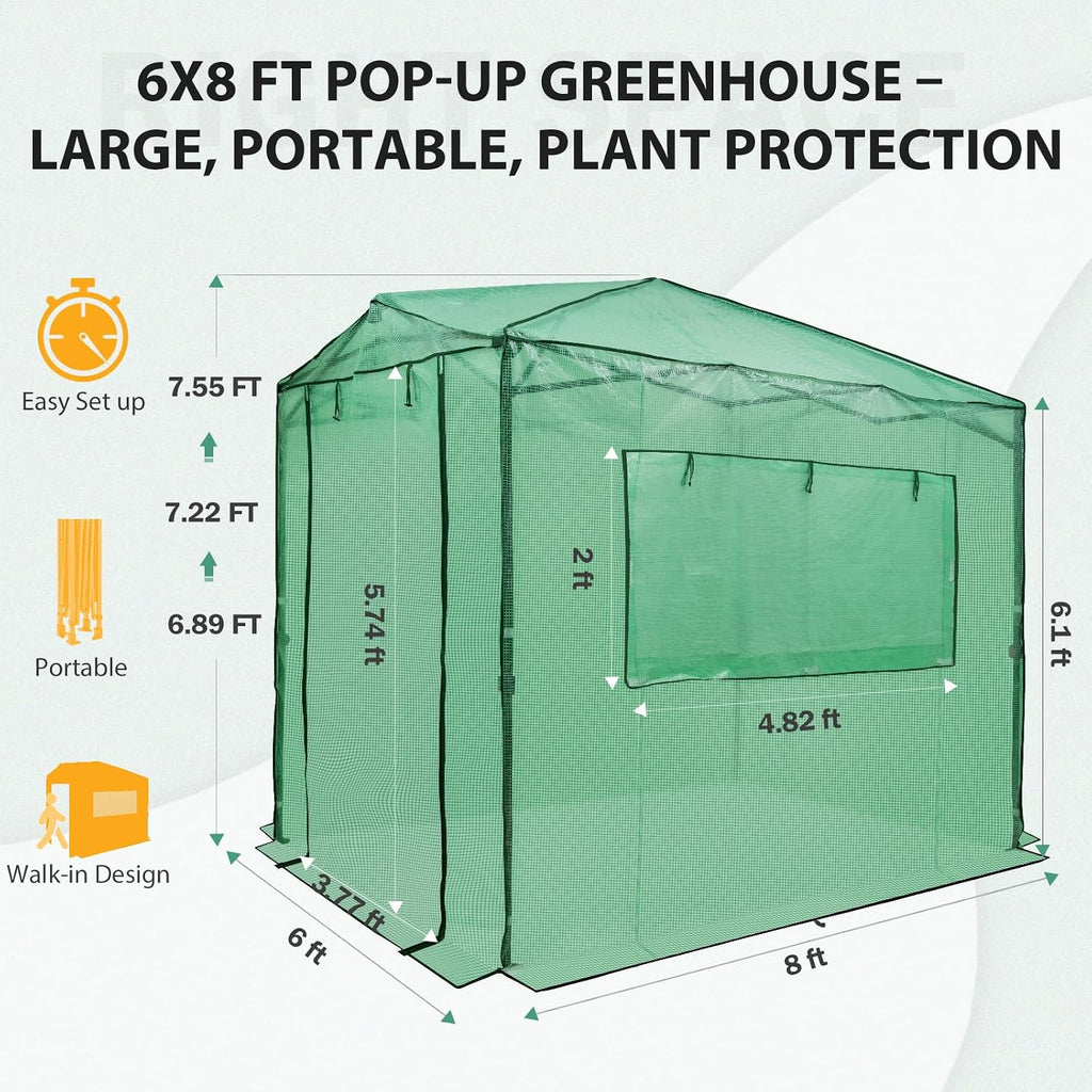 EAGLE PEAK 8x6 Easy Setup Pop Up Greenhouse, Clear/Green | Walk-In Greenhouses for Outdoors, Green House for Winter