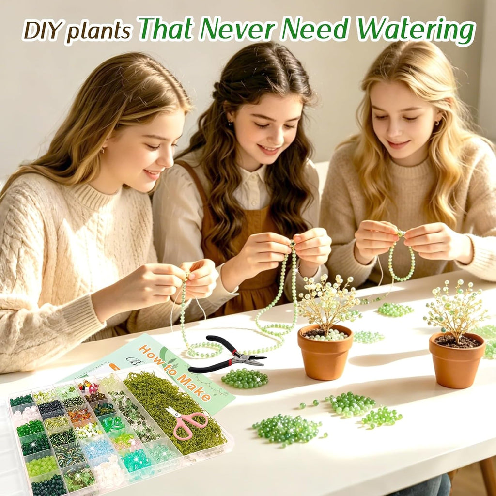 ZYNERY 5600pcs Beaded Plant Kit, Green Glass Beads, with A Full Set of Tools Green Beads Kit Glass for Making Succulent