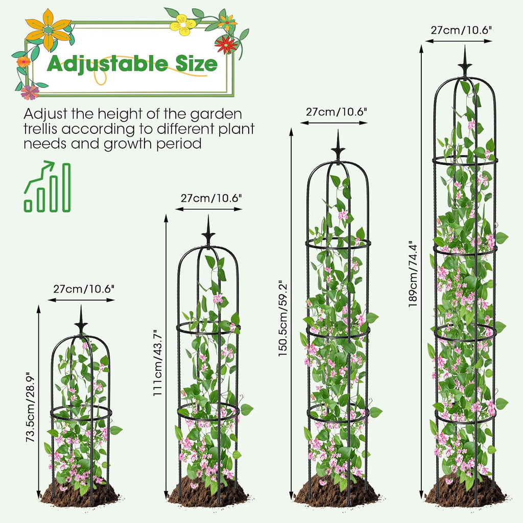 Tower Obelisk Garden Trellis for Climbing Plant，6.2FT/74.4" Rustproof Metal Potted Plant Climbing Support for Indoor