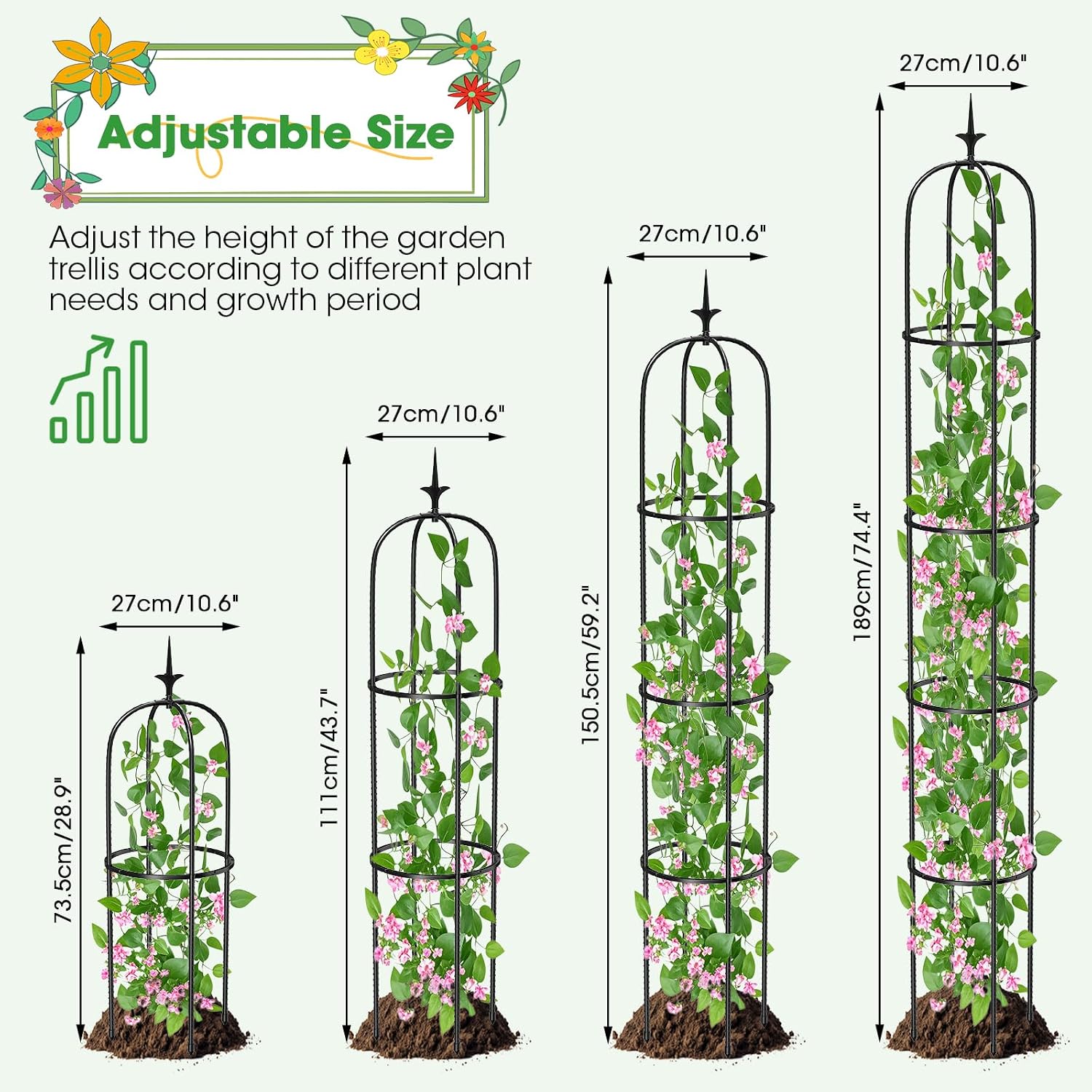 Tower Obelisk Garden Trellis for Climbing Plant，6.2FT/74.4" Rustproof Metal Potted Plant Climbing Support for Indoor