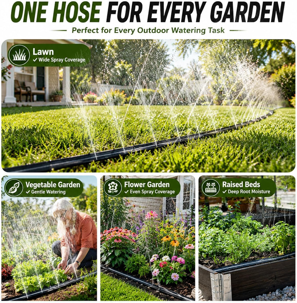 Sprinkler Hose with Holes, Flat Soaker Hose 100 Ft (25 ft 4pack) with Garden Staples and Splitters, Watering Drip