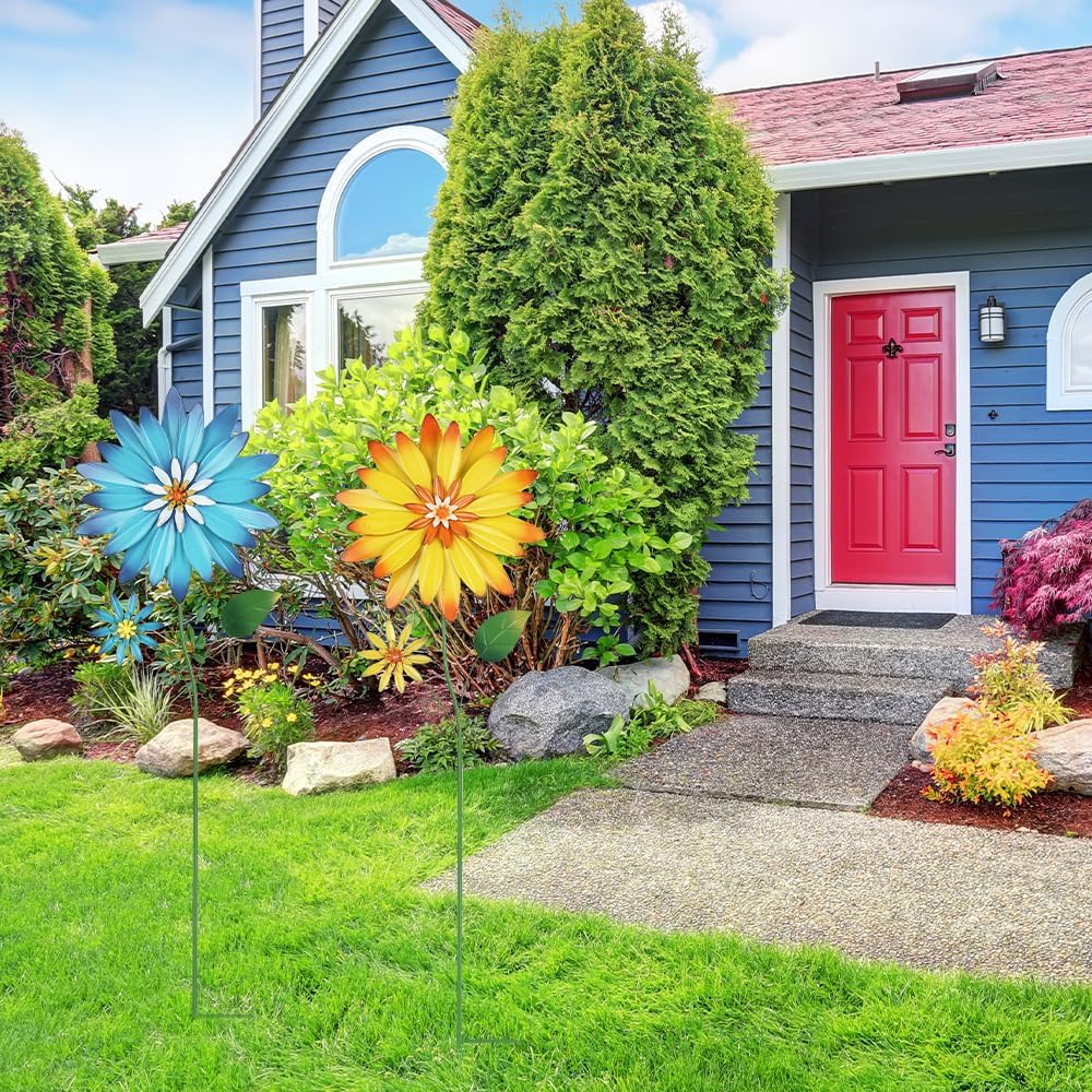 Garden Decor for Outside, 35.4“ Set of 2 Metal Flowers Decorative Garden Stakes for Spring Decor, Yard Art Flower