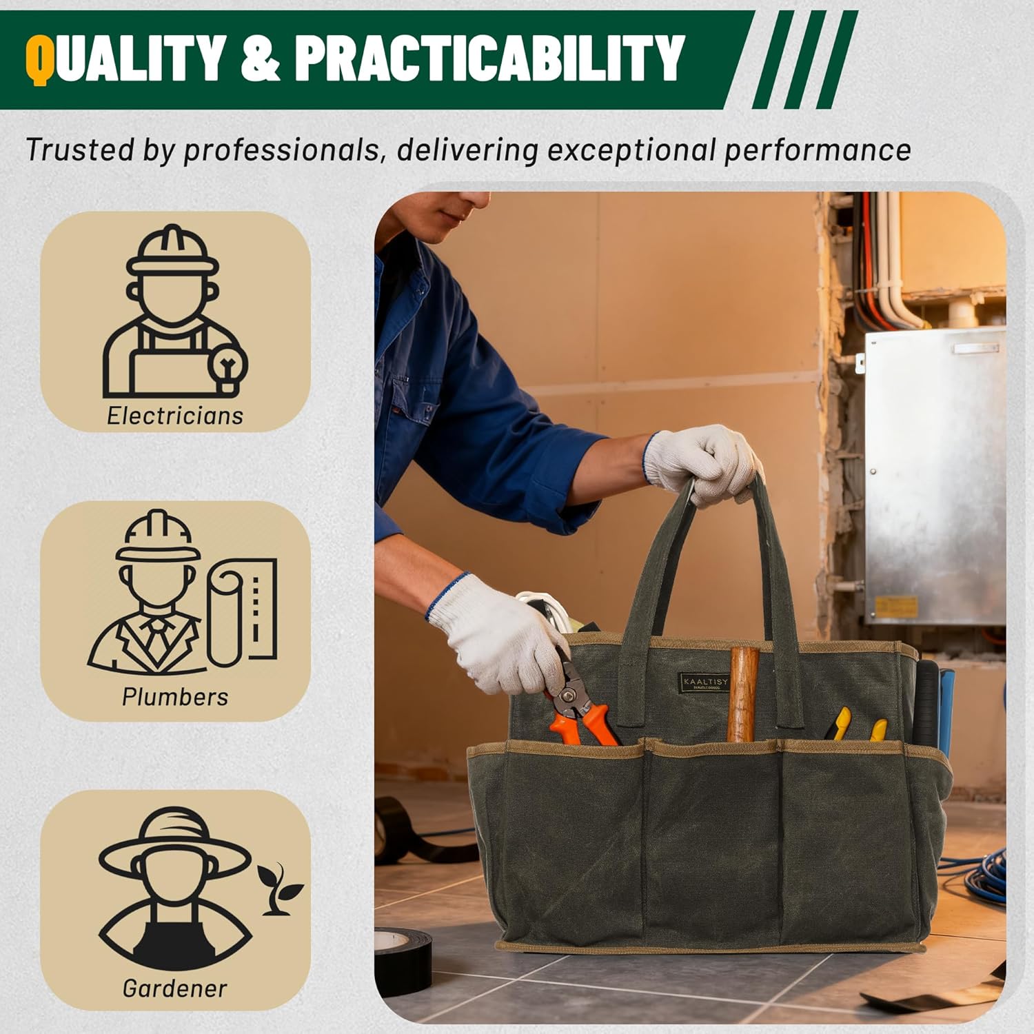 Tool Tote Bag, Heavy Duty 16oz Waxed Canvas Garden Tool Bag | Portable 11-Pocket Tool Storage Bag for Gardener
