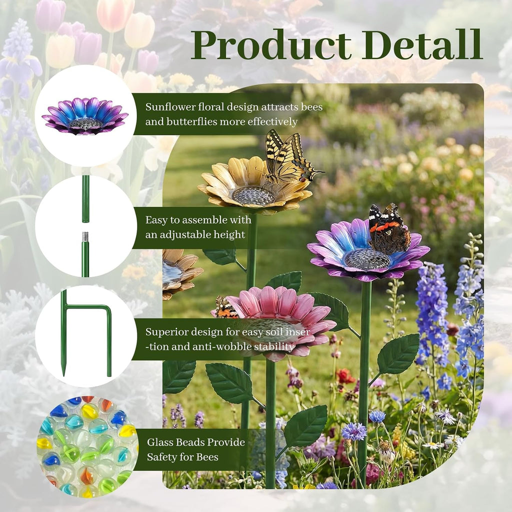 4 Pack Sunflower Flower Bee Watering Station with 20 Glass Beads | Bee Bath for Garden, Metal Bee Water Feeder with