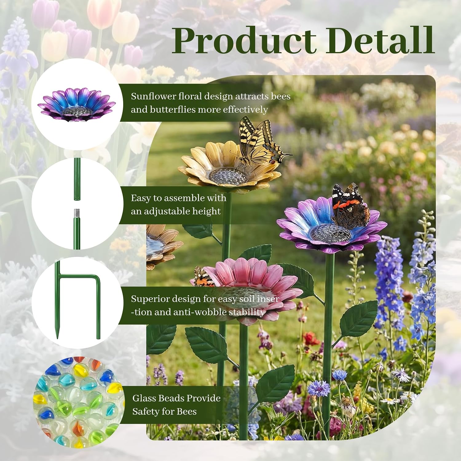 4 Pack Sunflower Flower Bee Watering Station with 20 Glass Beads | Bee Bath for Garden, Metal Bee Water Feeder with