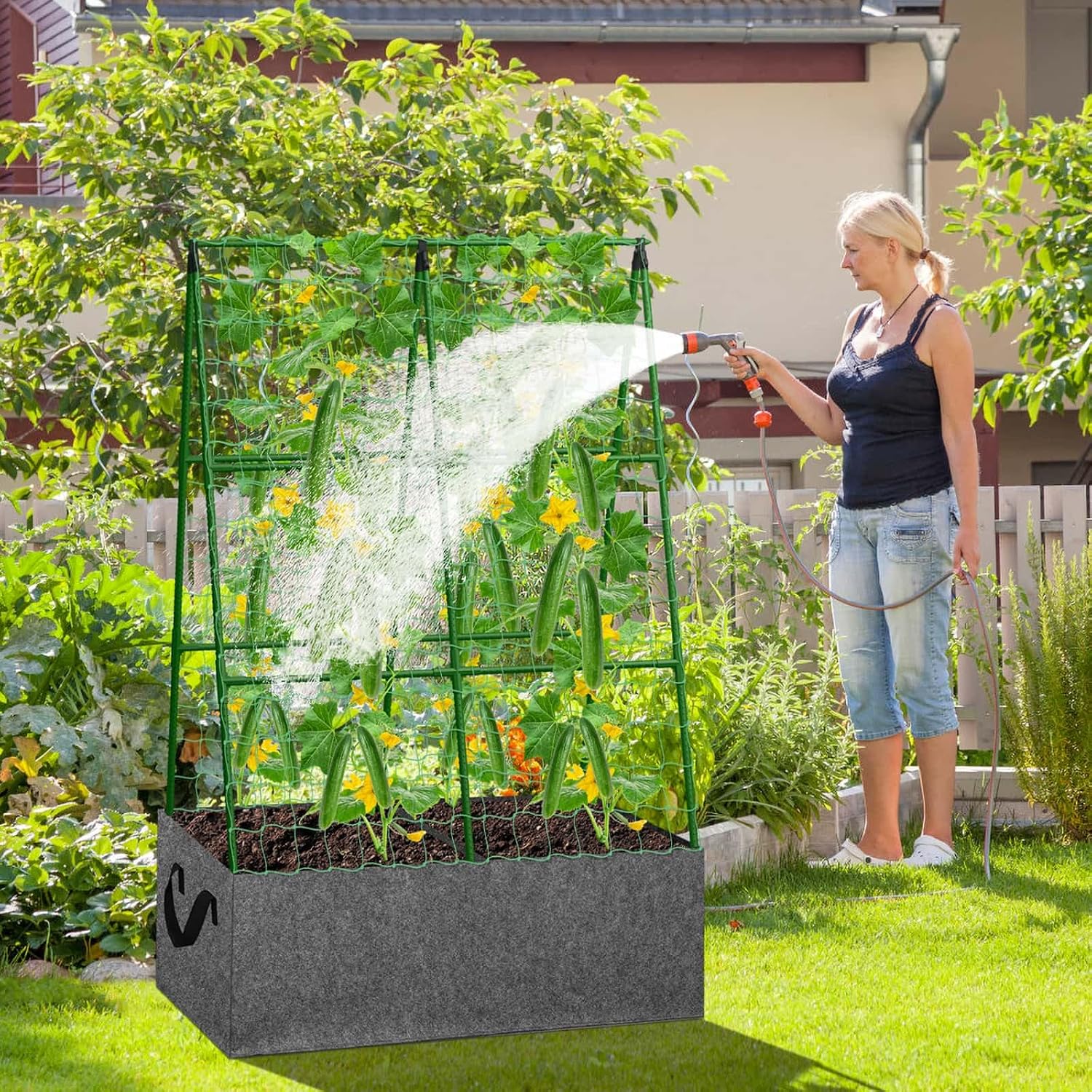 Cucumber Trellis with Grow Bag, 50 x 36 Inches Reusable Garden Vegetable Trellis with Fabric Raised Bed, Climbing Net