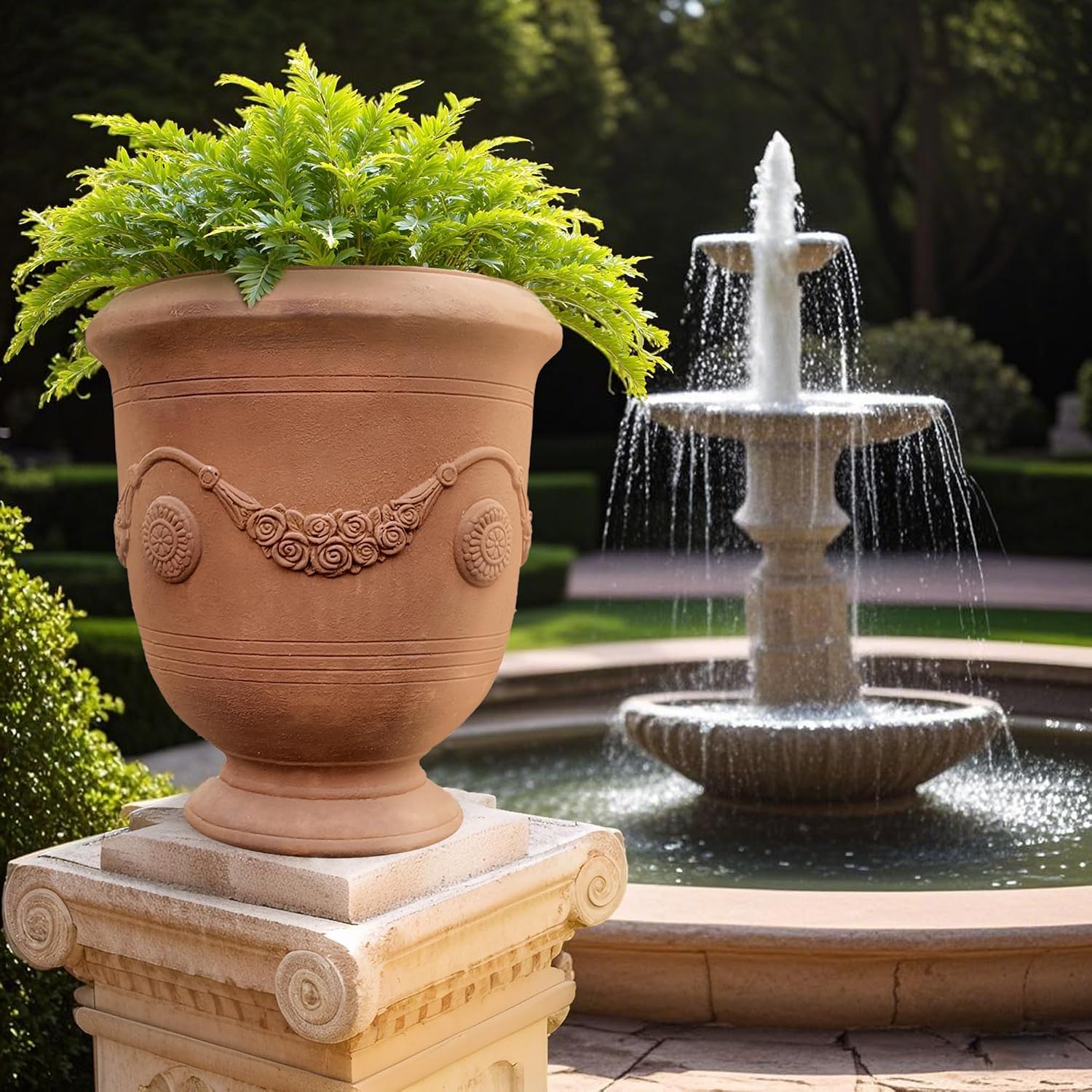 Worth Garden Large Urn Planter - 14" Dia x 16.5" H Lightweight Magnesium Oxide Plant Pot with Cement Texture