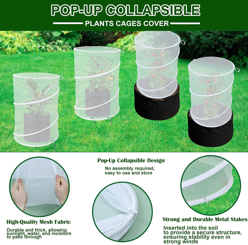 4 Pack Pop up Plant Covers Tent from Animals, 20"H X 13"D Insect Barrier Mesh Plant Guard Cover Net White Garden Plant