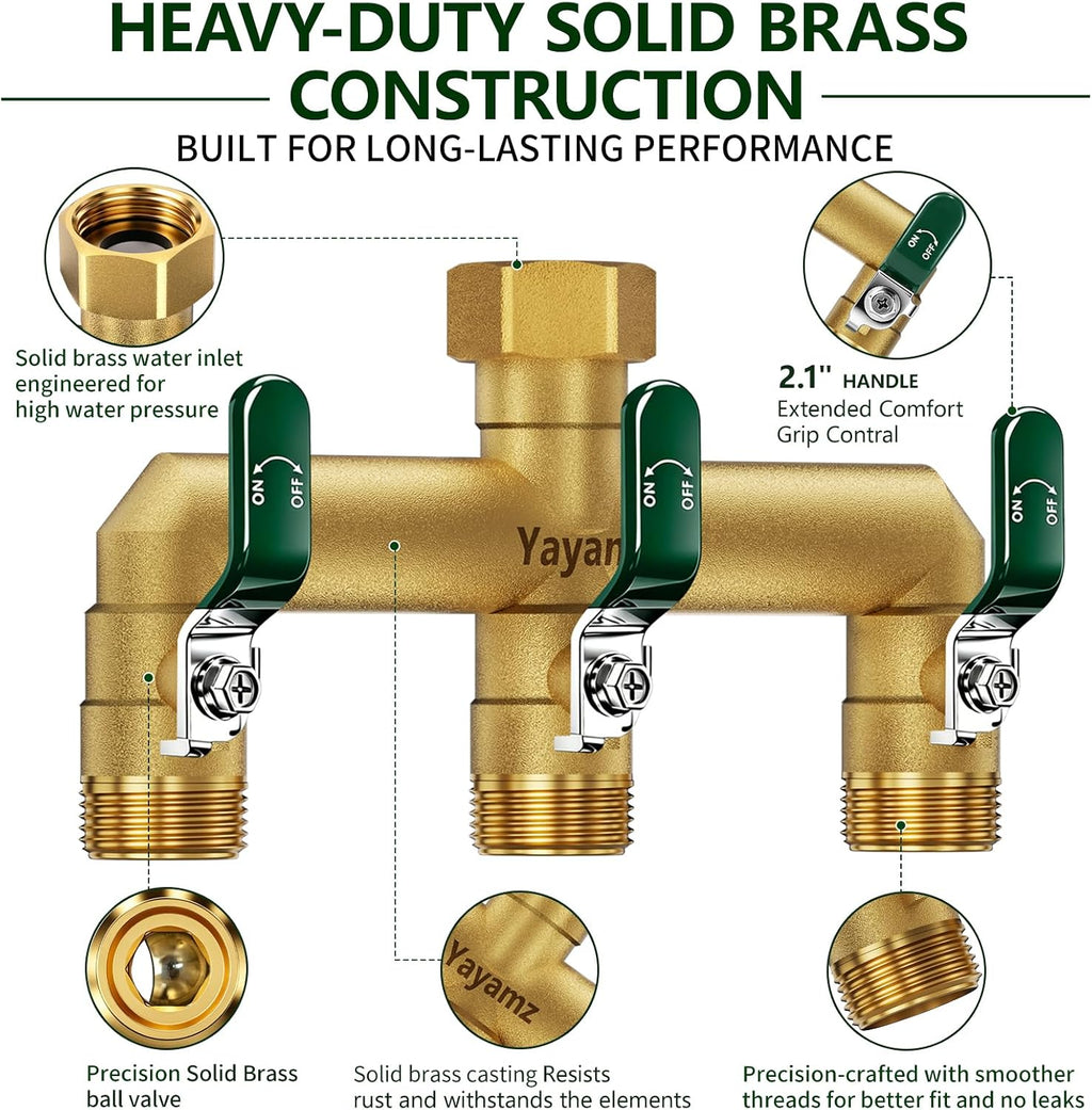 3 Way Garden Hose Splitter, 3/4" GHT Full Flow Hose Splitter | One-Piece Heavy Duty Full Brass Body with Shut-off