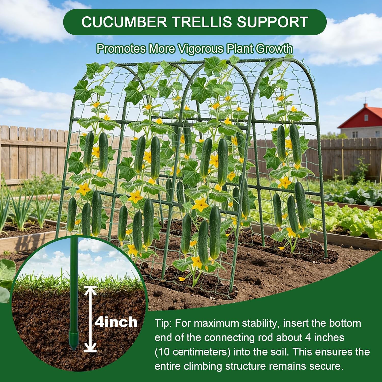 47"x47"x22" U-Shape Cucumber Trellis, Metal Plant Support with Net | 20 clips & ties included， weatherproof heavy-duty