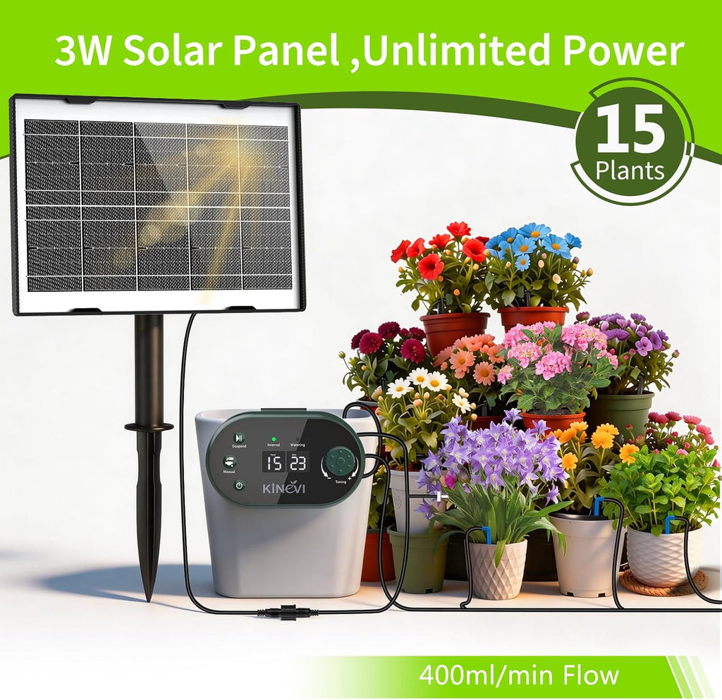 Solar Drip Irrigation System Kit, Auto Plant Waterer for 15 Pots | 3W Solar Powered Automatic Self Watering Device, 22