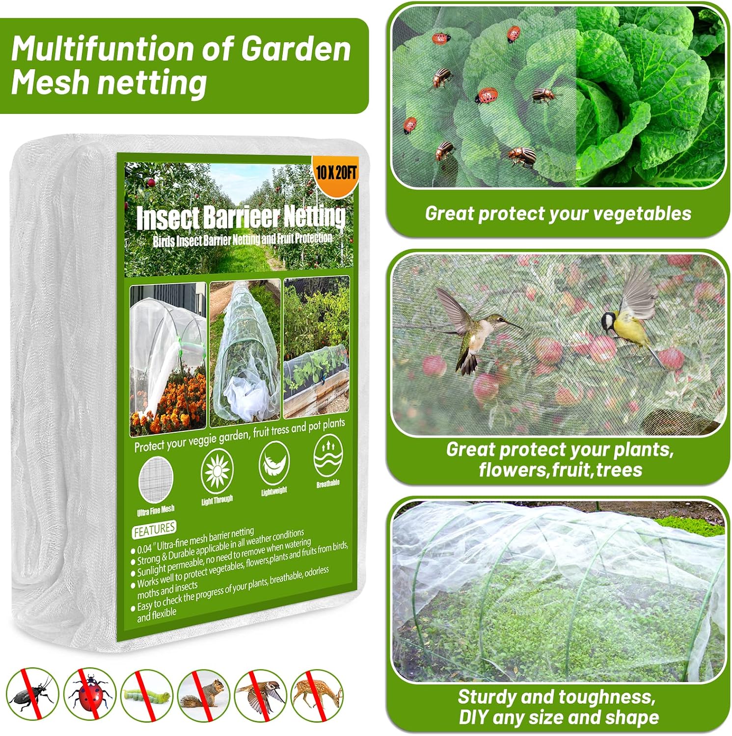 67pcs Garden Mesh Netting Kit, 6 Sets Wide Garden Hoops with Garden Covers | 10x20 ft Bird Netting & 12 Clips, Garden