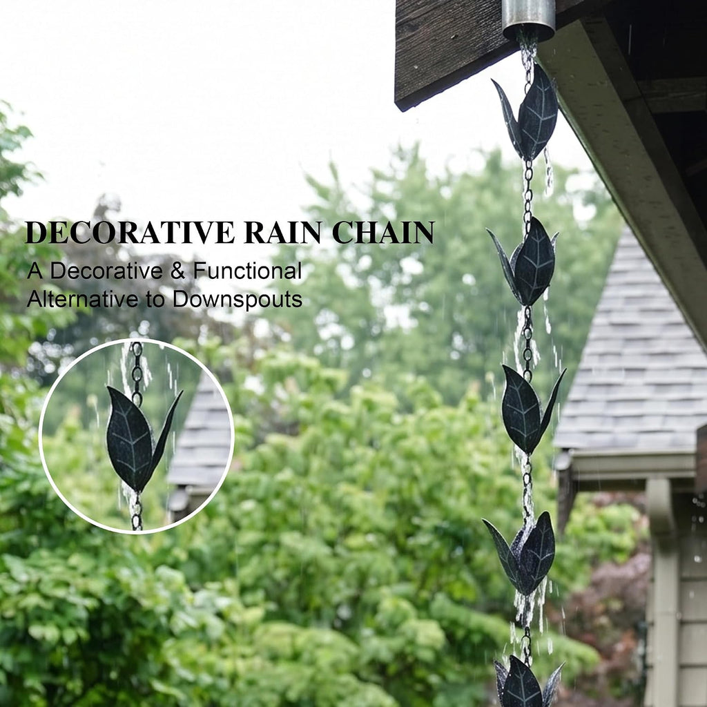 Topadorn Rain Chain for Gutters, 8.5FT Leaf Rain Chain, Blue Patina | 8.5FT Rain Chain • Leaf Cup Design • Blue Patina