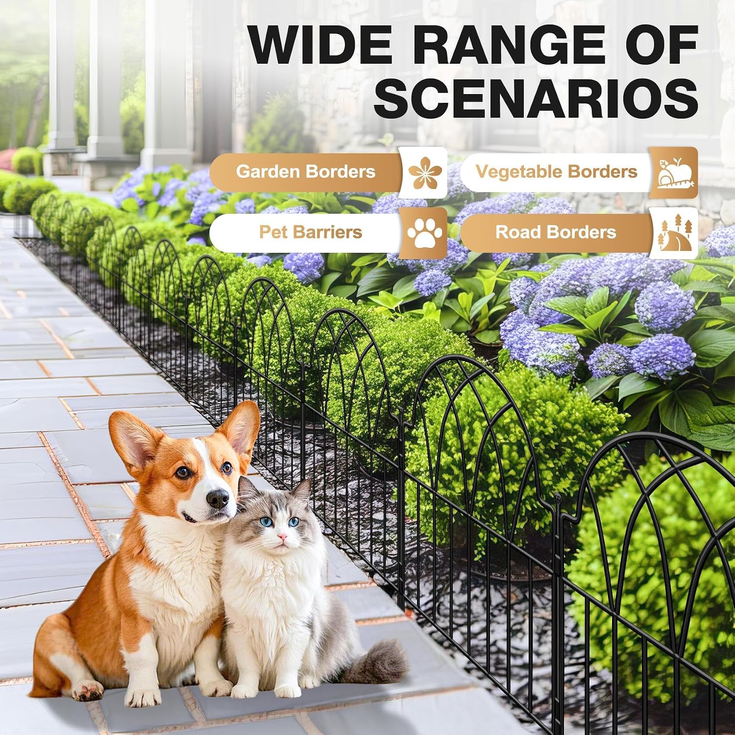 24in(H) x 10.56ft(L) Garden Fence - No Dig Metal Fence Animal Barrier Arched Wire Border Panels with Ground Stakes for