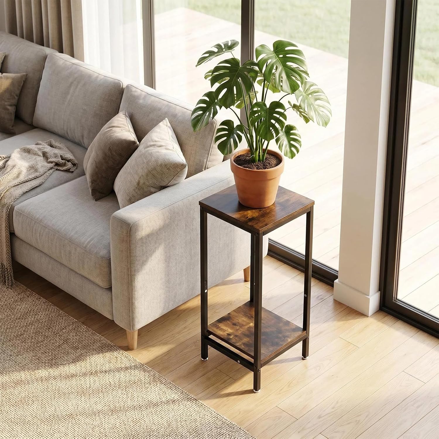 30 Inch Tall Plant Stand Indoor, 2 Tier Modern Square Plant Stand for Indoor Plants, Wood & Metal Flower Shelf Corner