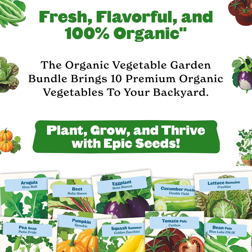 Organic Vegetable Garden Kit - 10 Non-GMO Varieties, Includes Tomatoes, Squash, Pumpkins, Beans & More, Perfect for